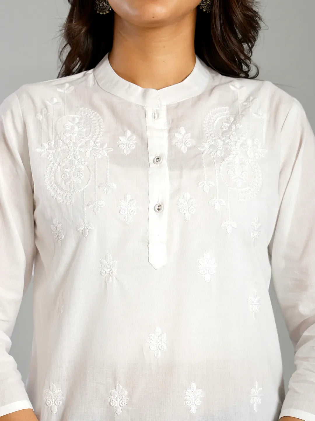 White Regular Style Top Design Embroidered