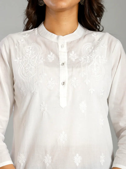 White Regular Style Top Design Embroidered