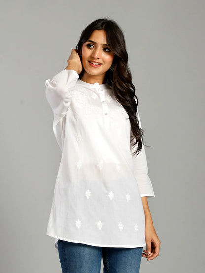 White Regular Style Top Design Embroidered