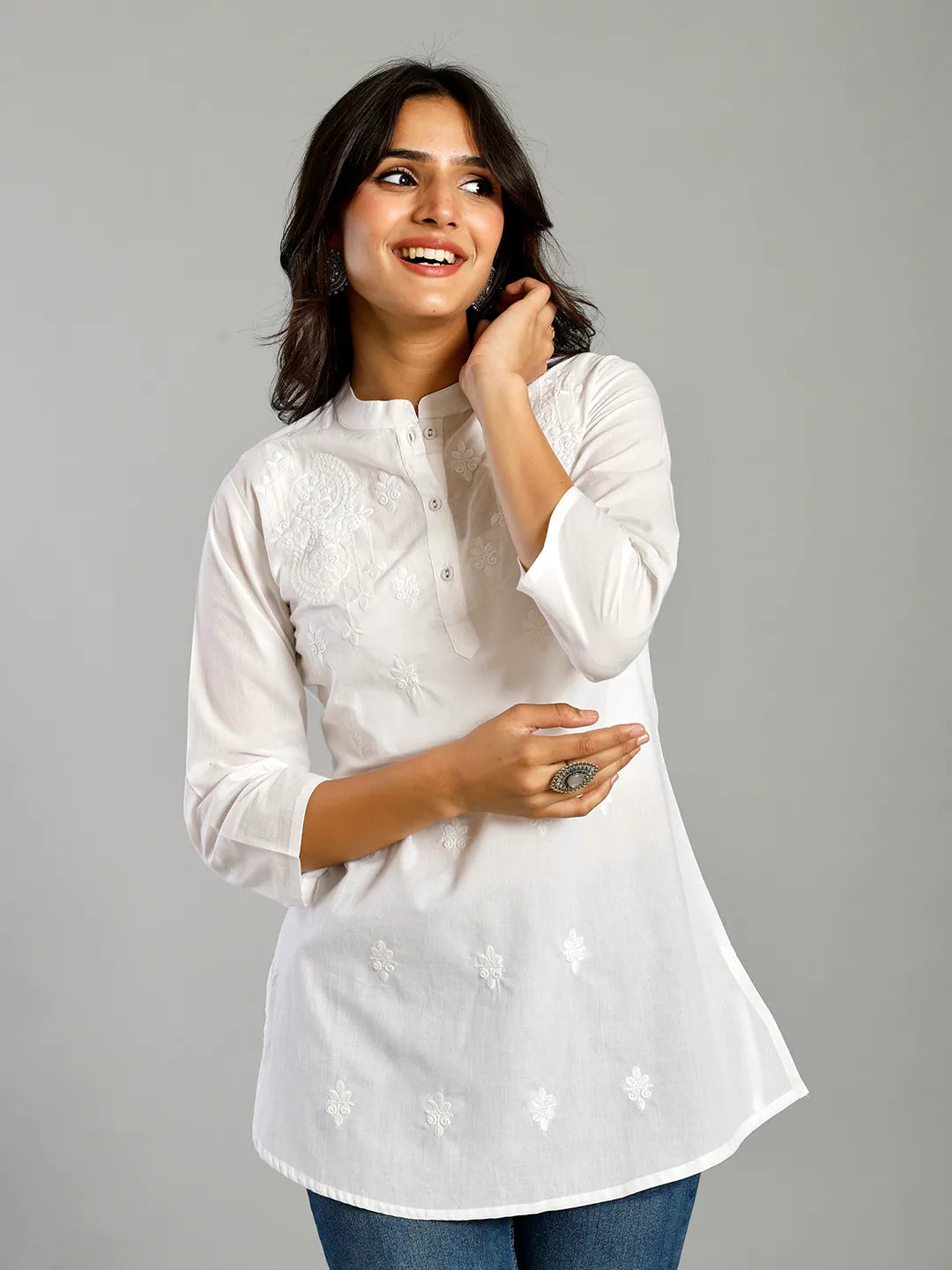 White Regular Style Top Design Embroidered