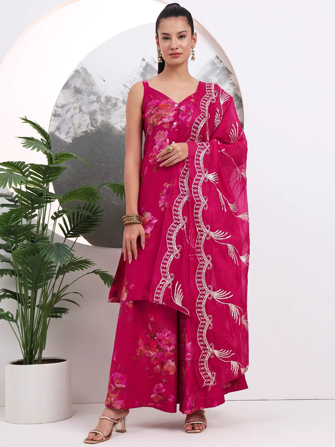 Hot Pink Silk Blend A-Line Kurta Palazzo Set