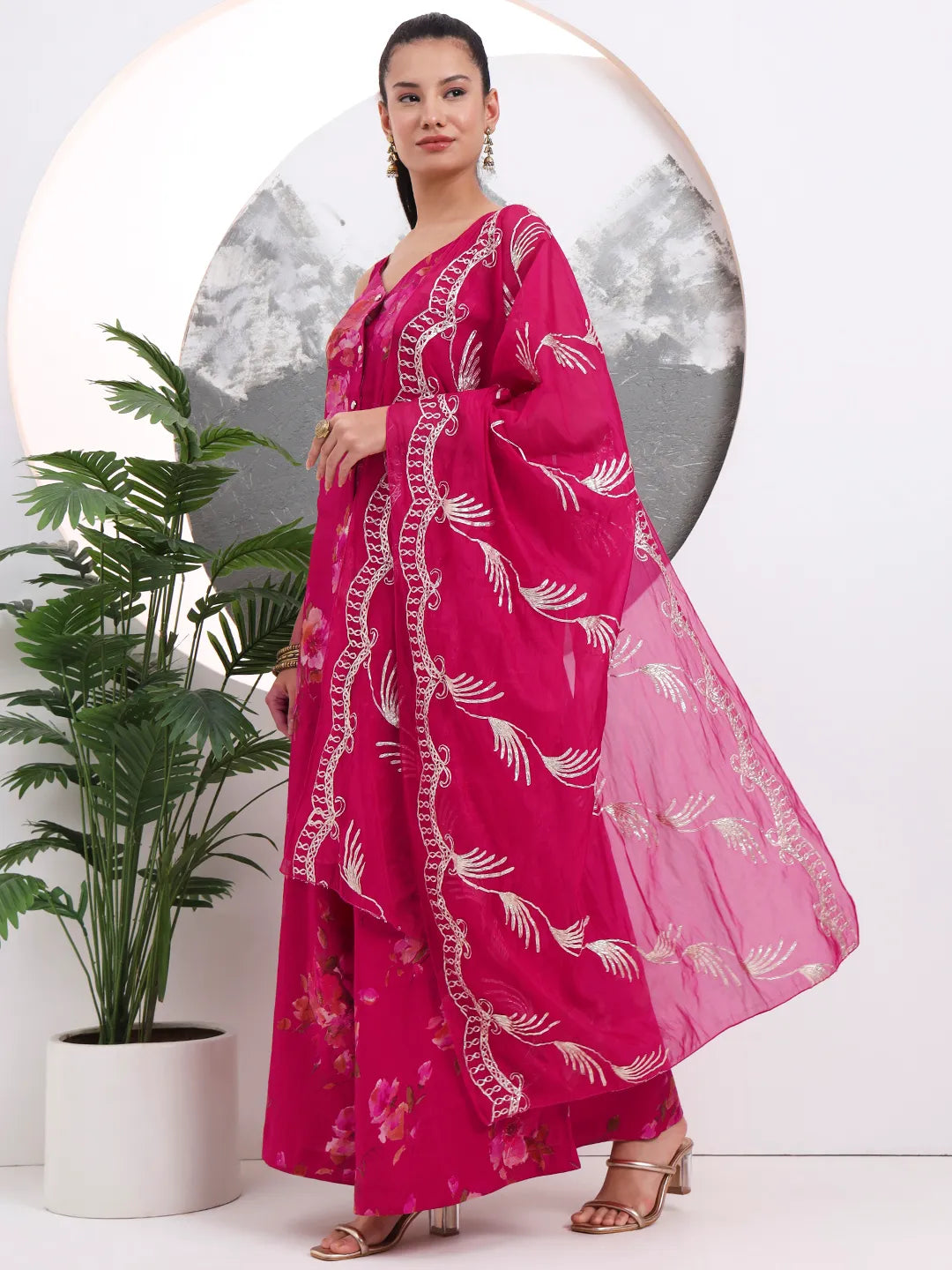 Hot Pink Silk Blend A-Line Kurta Palazzo Set