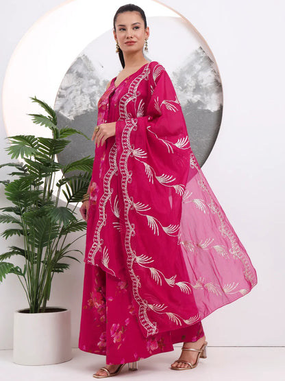 Hot Pink Silk Blend A-Line Kurta Palazzo Set