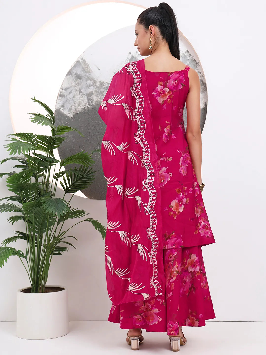 Hot Pink Silk Blend A-Line Kurta Palazzo Set
