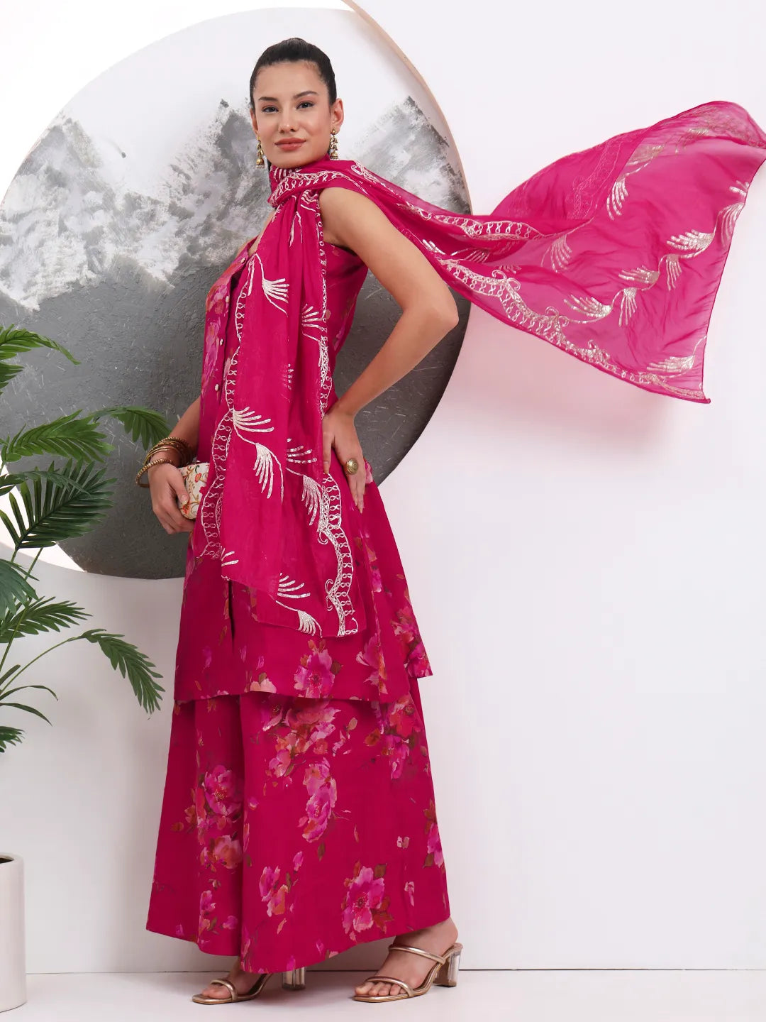 Hot Pink Silk Blend A-Line Kurta Palazzo Set
