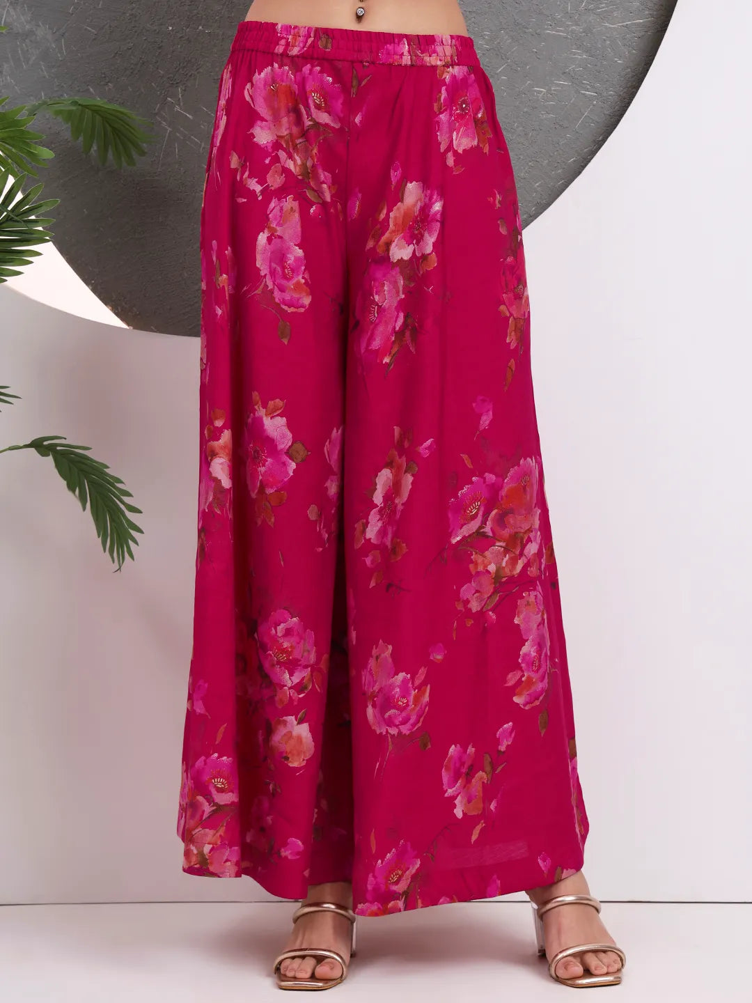 Hot Pink Silk Blend A-Line Kurta Palazzo Set