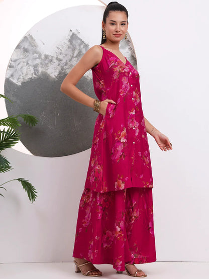 Hot Pink Silk Blend A-Line Kurta Palazzo Set