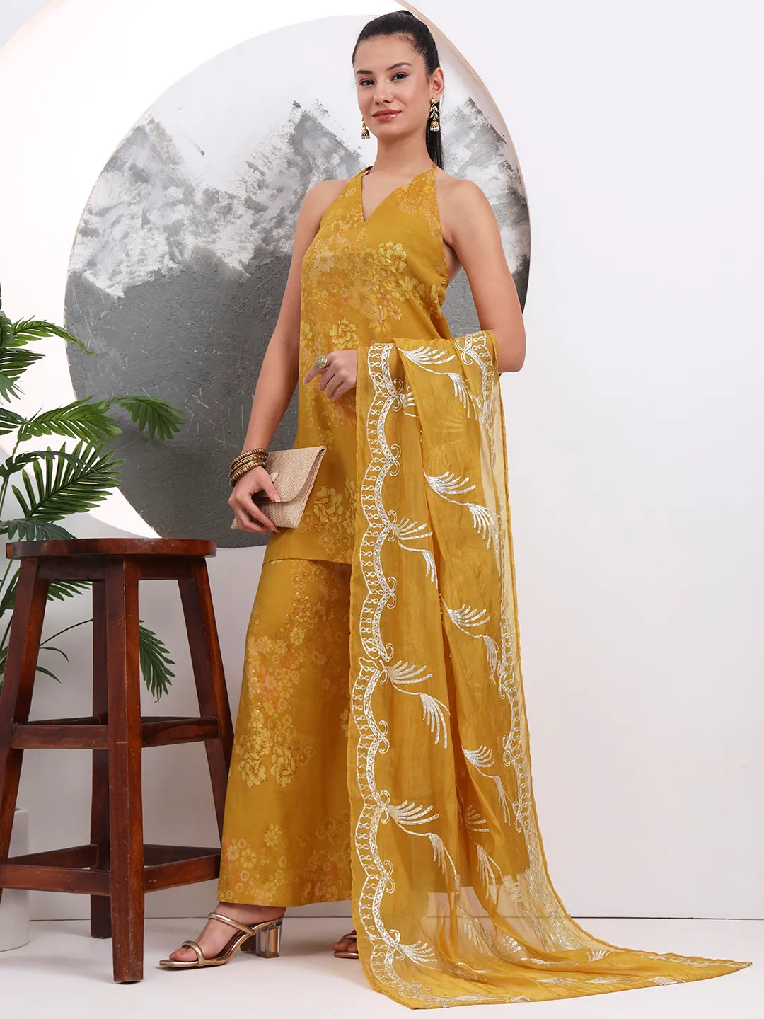 Mustard Silk Blend Halter Neck Kurta Palazzo Set
