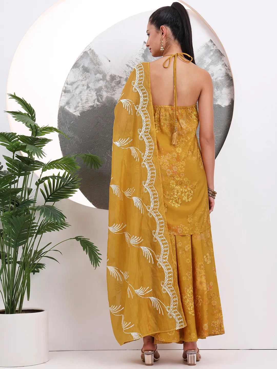 Mustard Silk Blend Halter Neck Kurta Palazzo Set