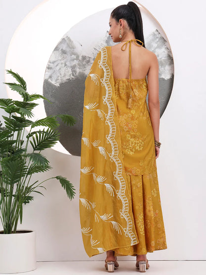 Mustard Silk Blend Halter Neck Kurta Palazzo Set
