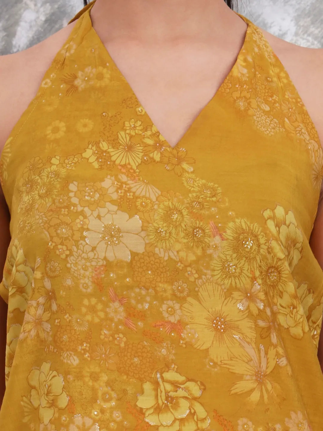 Mustard Silk Blend Halter Neck Kurta Palazzo Set