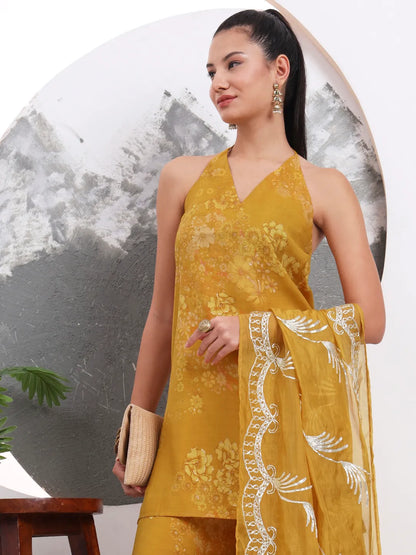 Mustard Silk Blend Halter Neck Kurta Palazzo Set