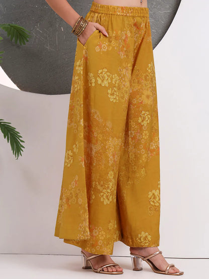 Mustard Silk Blend Halter Neck Kurta Palazzo Set