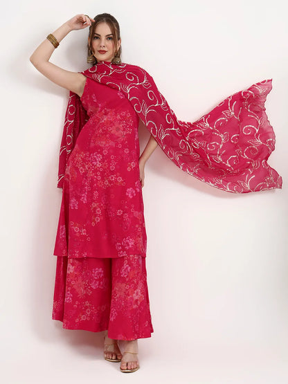 Pink Silk Blend Boat Neck A-Line Kurta Palazzo Set