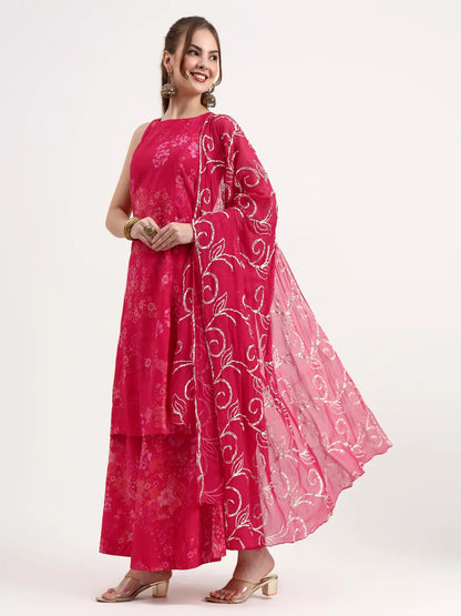 Pink Silk Blend Boat Neck A-Line Kurta Palazzo Set