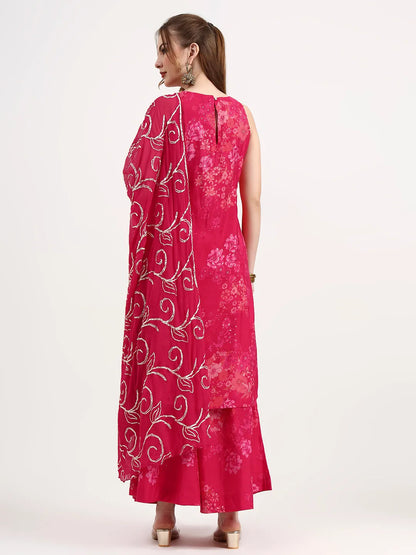 Pink Silk Blend Boat Neck A-Line Kurta Palazzo Set