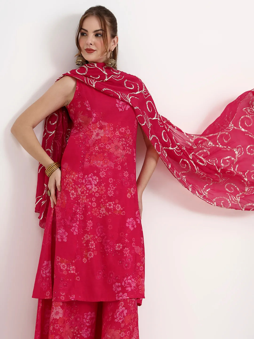 Pink Silk Blend Boat Neck A-Line Kurta Palazzo Set