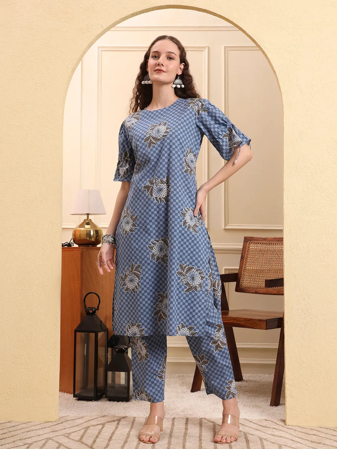 Blue Checked Print Straight Kurta Trouser Set