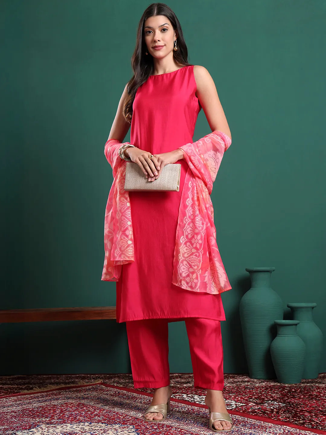 Pink Silk Blend Sleeveless Kurta Pants & Dupatta Set