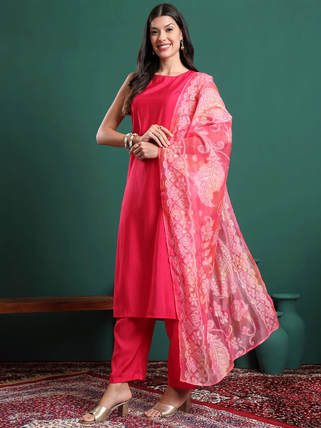 Pink Silk Blend Sleeveless Kurta Pants &amp; Dupatta Set