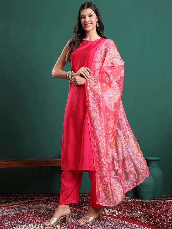 Pink Silk Blend Sleeveless Kurta Pants &amp; Dupatta Set
