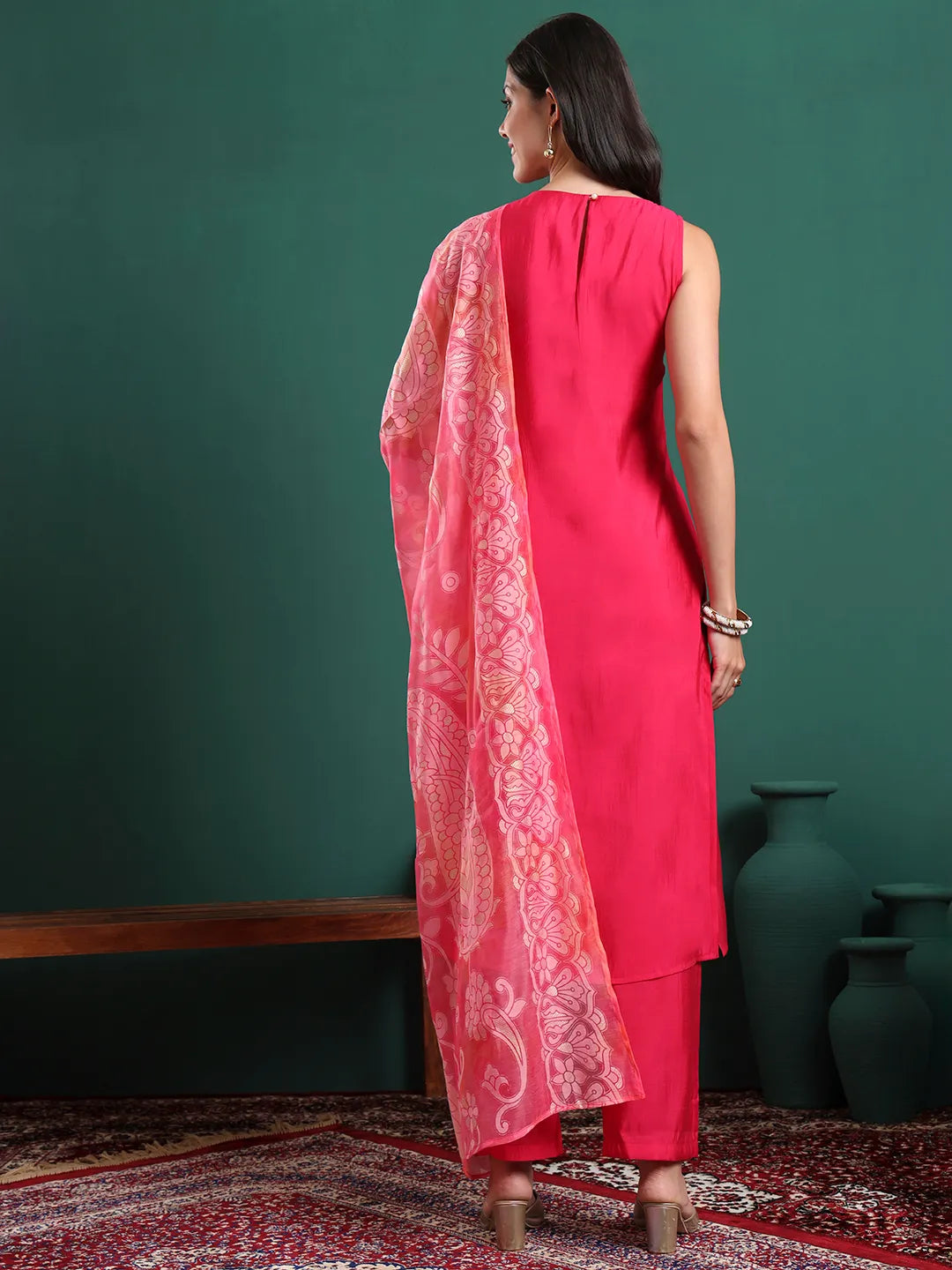 Pink Silk Blend Sleeveless Kurta Pants & Dupatta Set