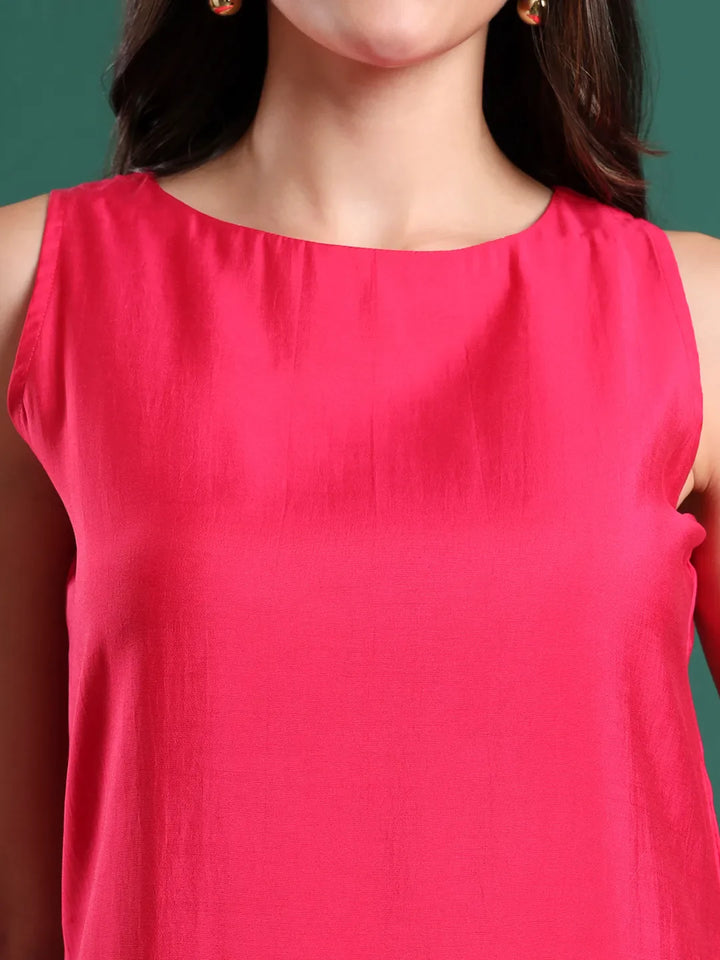 Pink Silk Blend Sleeveless Kurta Pants &amp; Dupatta Set