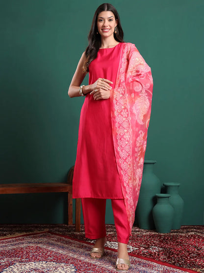 Pink Silk Blend Sleeveless Kurta Pants & Dupatta Set