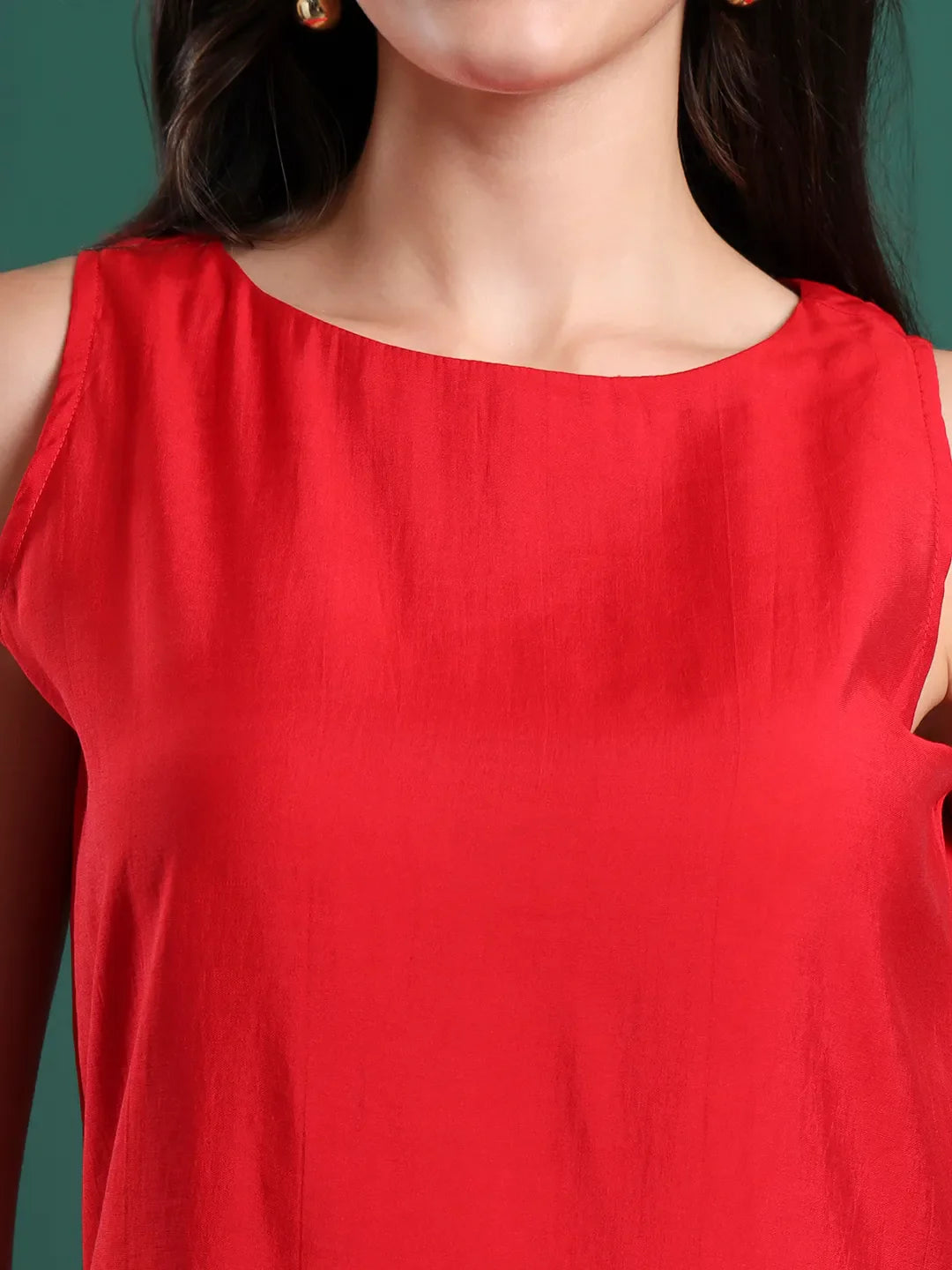 Red Silk Blend Sleeveless Kurta Pants & Dupatta Set