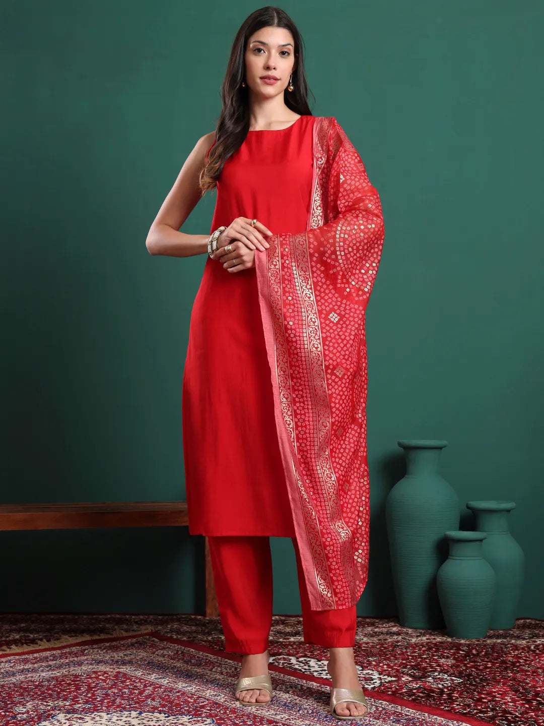 Women's Red Silk Blend Red Silk Blend Sleeveless Kurta Pants & Dupatta Set by Yufta, suitable for wholesale buyers, boutiques, retailers, resellers and bulk fashion orders from Trendphoria