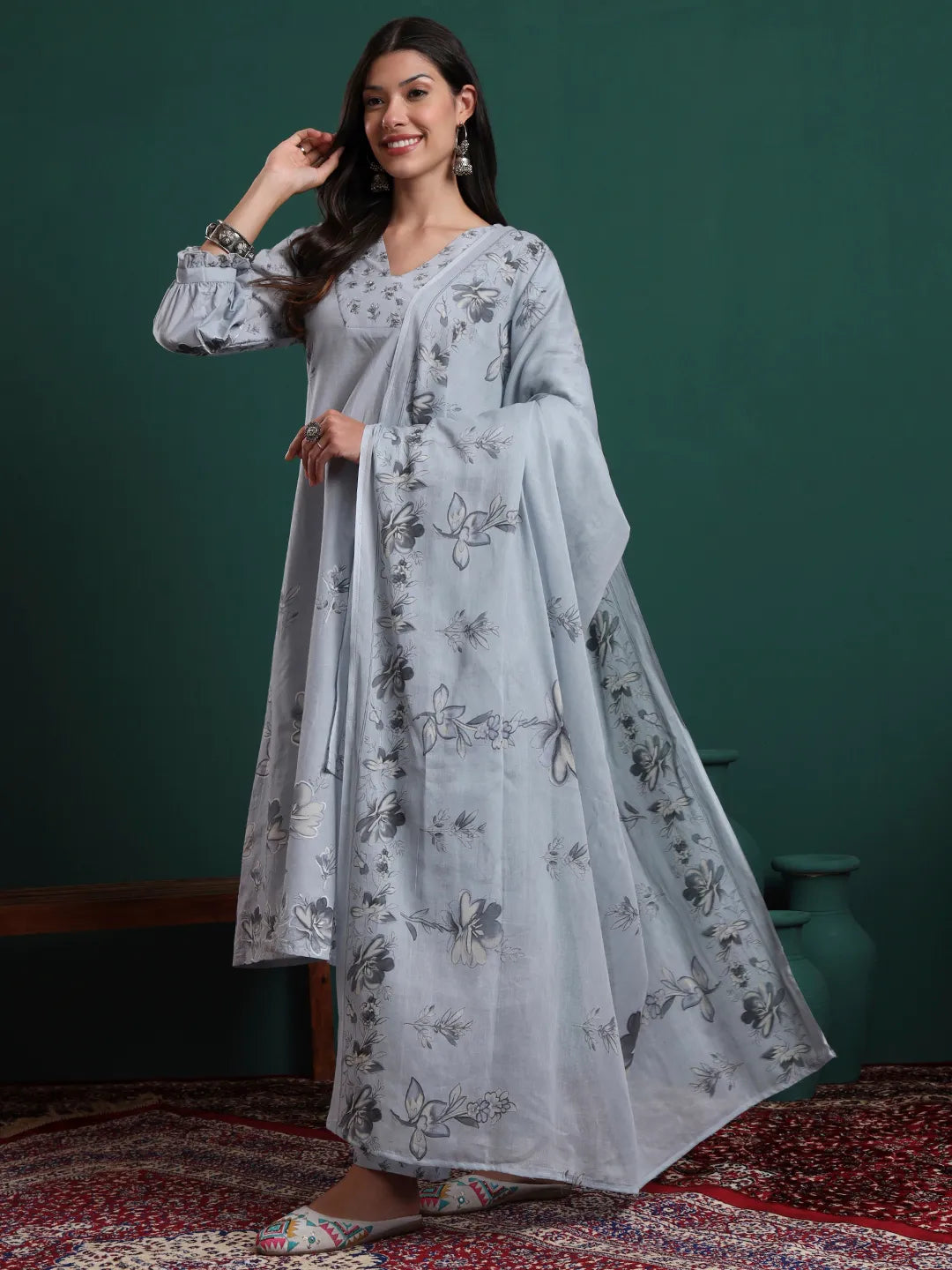 Grey Pure Cotton Floral Beads And Stones Kurta Pants &amp; Dupatta Set