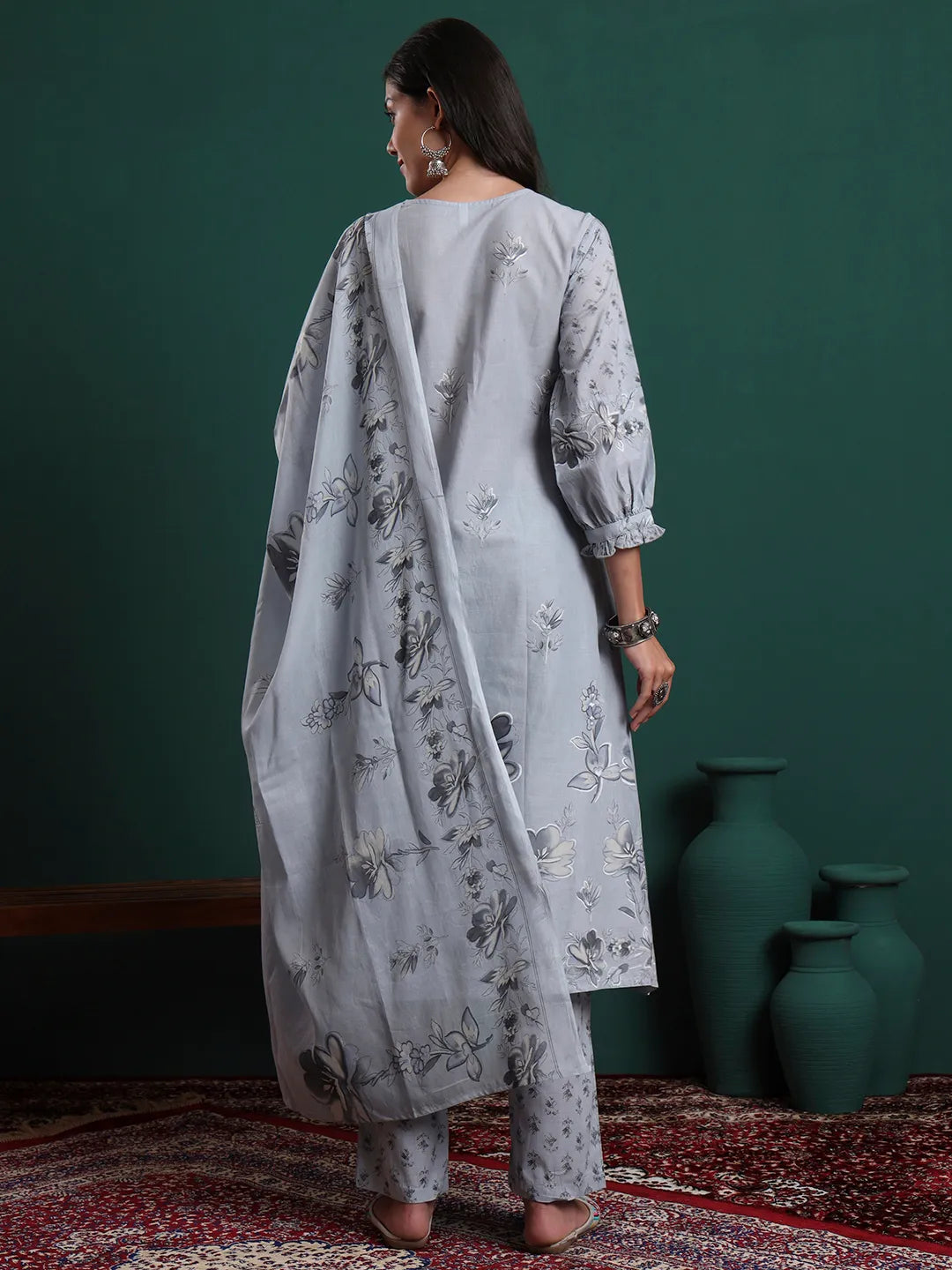 Grey Pure Cotton Floral Beads And Stones Kurta Pants & Dupatta Set