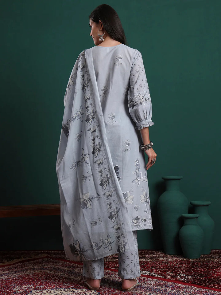 Grey Pure Cotton Floral Beads And Stones Kurta Pants &amp; Dupatta Set