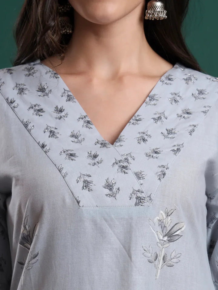 Grey Pure Cotton Floral Beads And Stones Kurta Pants &amp; Dupatta Set
