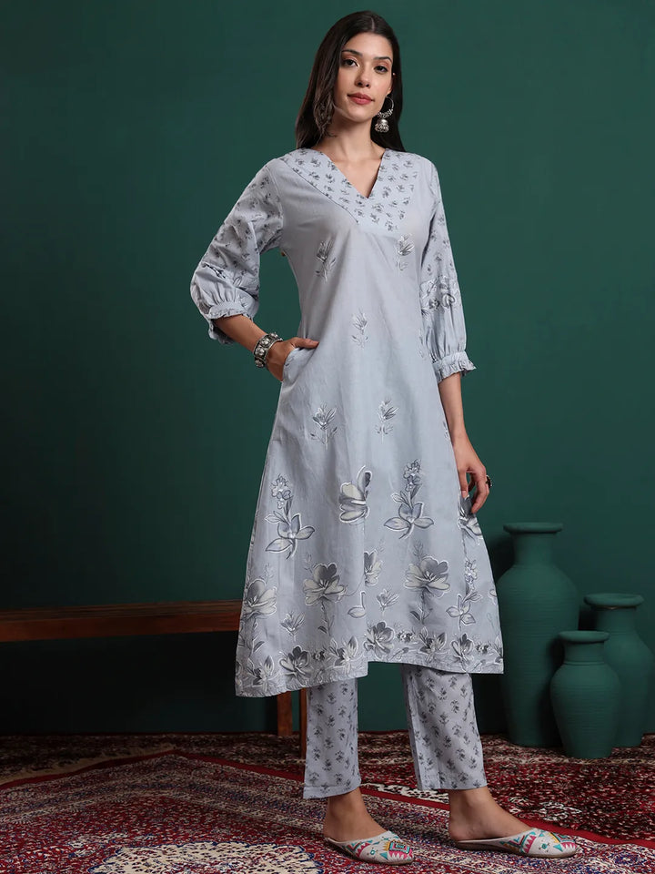 Grey Pure Cotton Floral Beads And Stones Kurta Pants &amp; Dupatta Set
