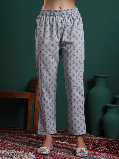 Grey Pure Cotton Floral Beads And Stones Kurta Pants & Dupatta Set