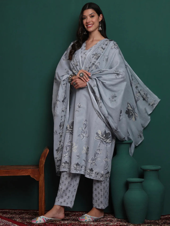Grey Pure Cotton Floral Beads And Stones Kurta Pants &amp; Dupatta Set