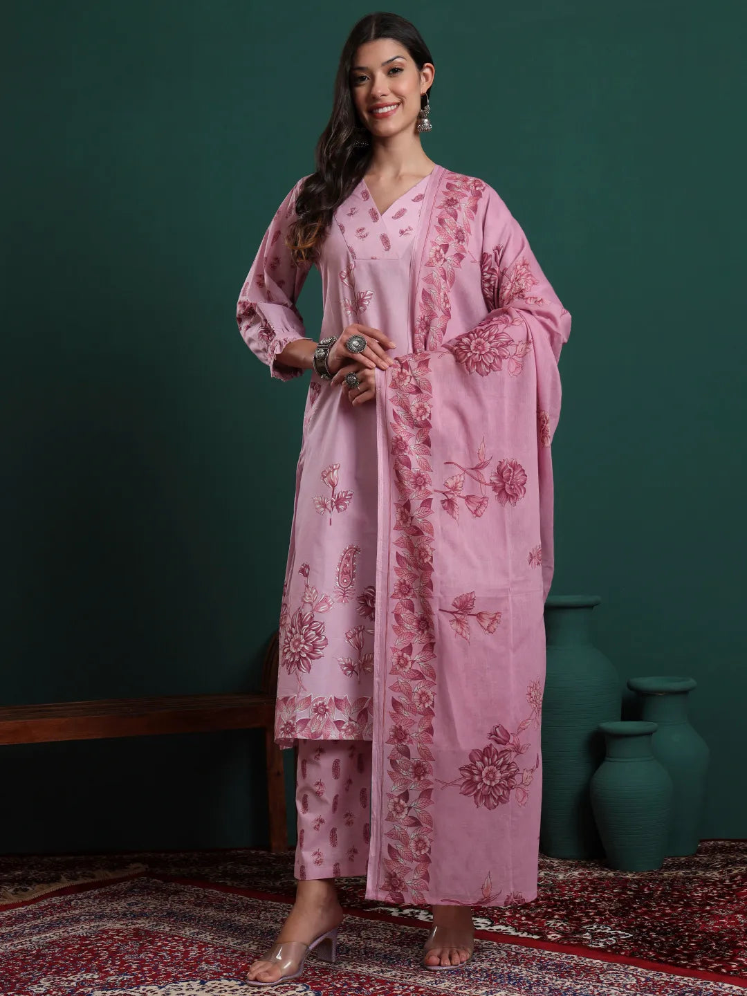 Pink Pure Cotton Floral Beads And Stones Kurta Pants & Dupatta Set