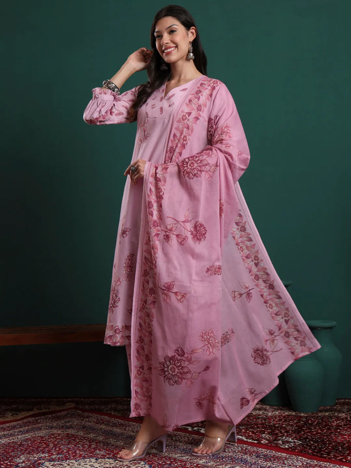 Pink Pure Cotton Floral Beads And Stones Kurta Pants &amp; Dupatta Set