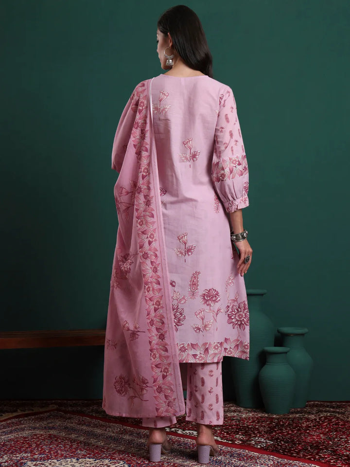 Pink Pure Cotton Floral Beads And Stones Kurta Pants &amp; Dupatta Set