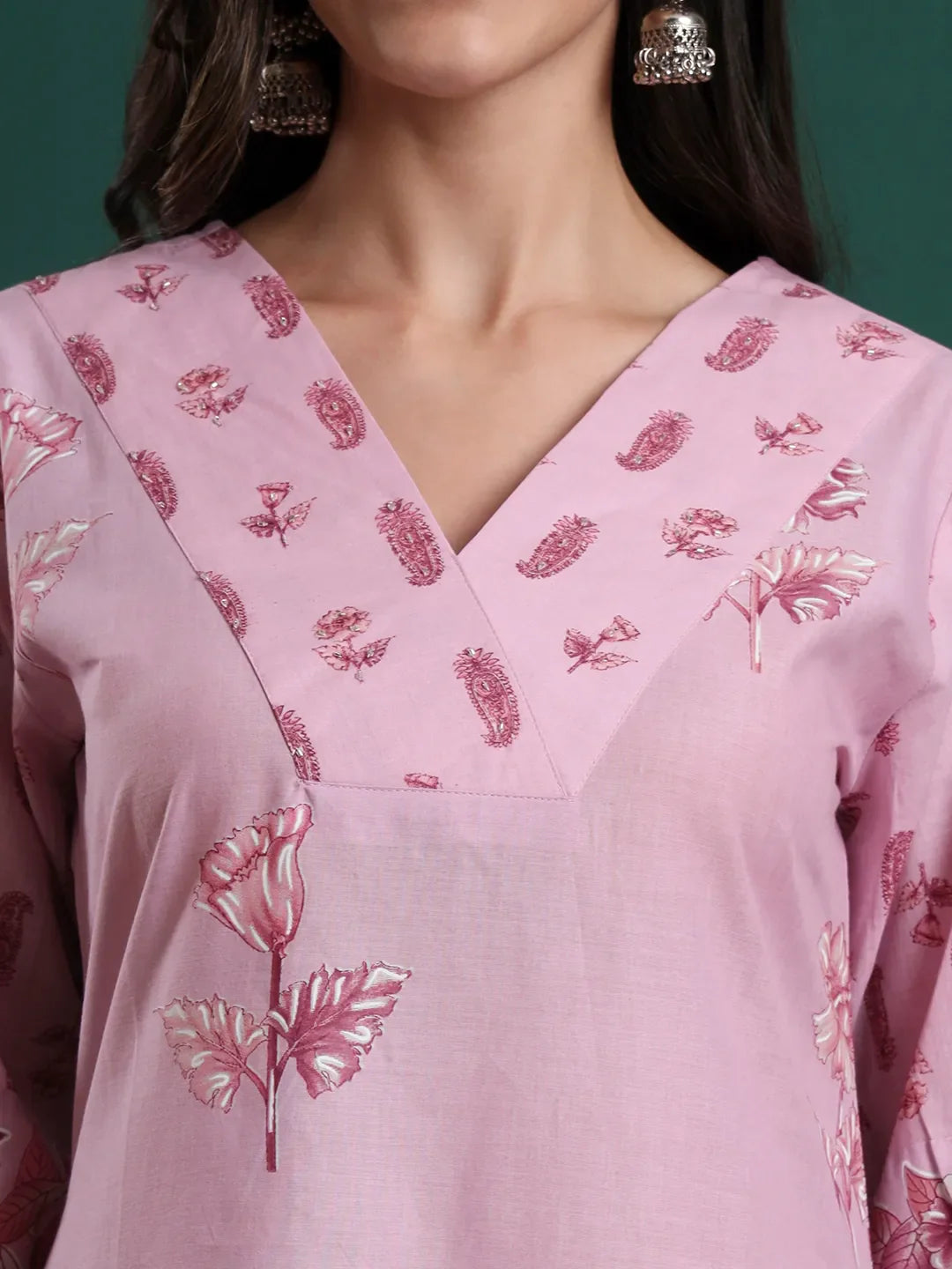 Pink Pure Cotton Floral Beads And Stones Kurta Pants &amp; Dupatta Set