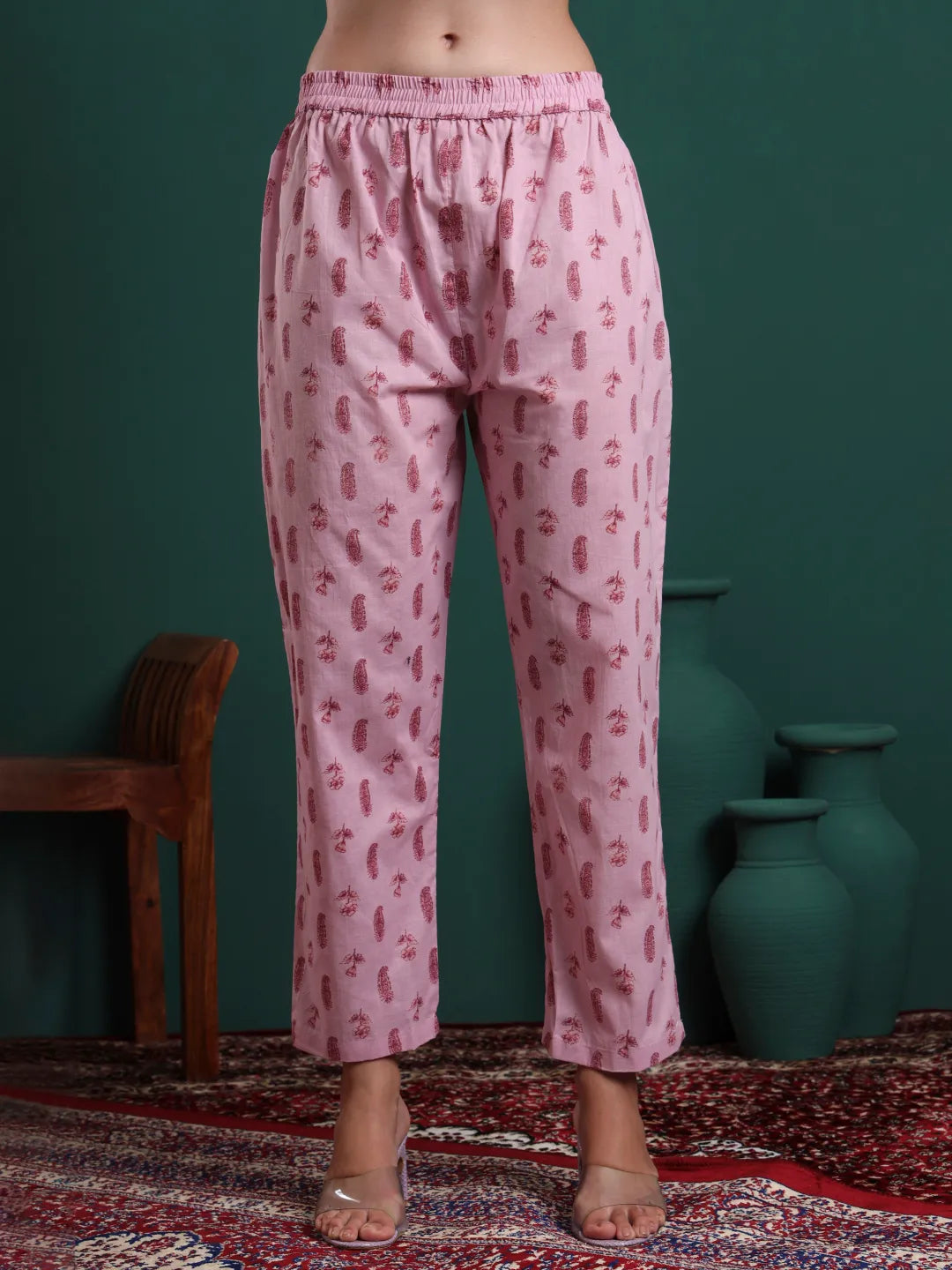 Pink Pure Cotton Floral Beads And Stones Kurta Pants &amp; Dupatta Set