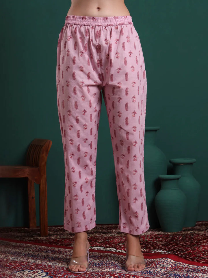 Pink Pure Cotton Floral Beads And Stones Kurta Pants &amp; Dupatta Set