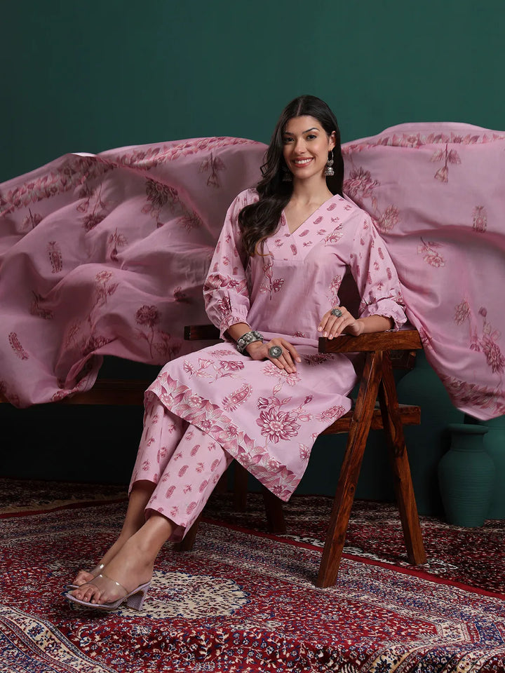 Pink Pure Cotton Floral Beads And Stones Kurta Pants &amp; Dupatta Set