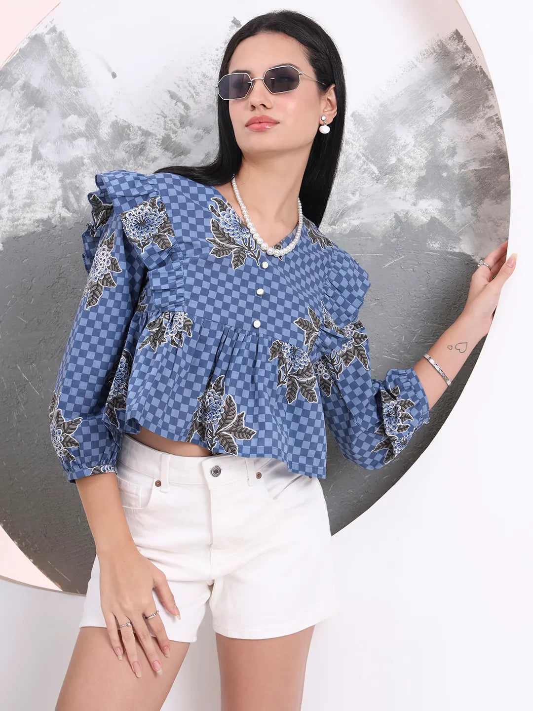 Blue Cotton Gathered Or Pleated Top