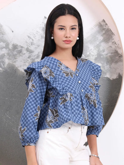 Blue Cotton Gathered Or Pleated Top