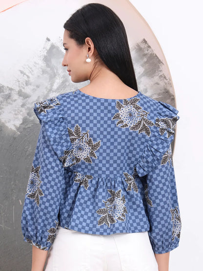Blue Cotton Gathered Or Pleated Top