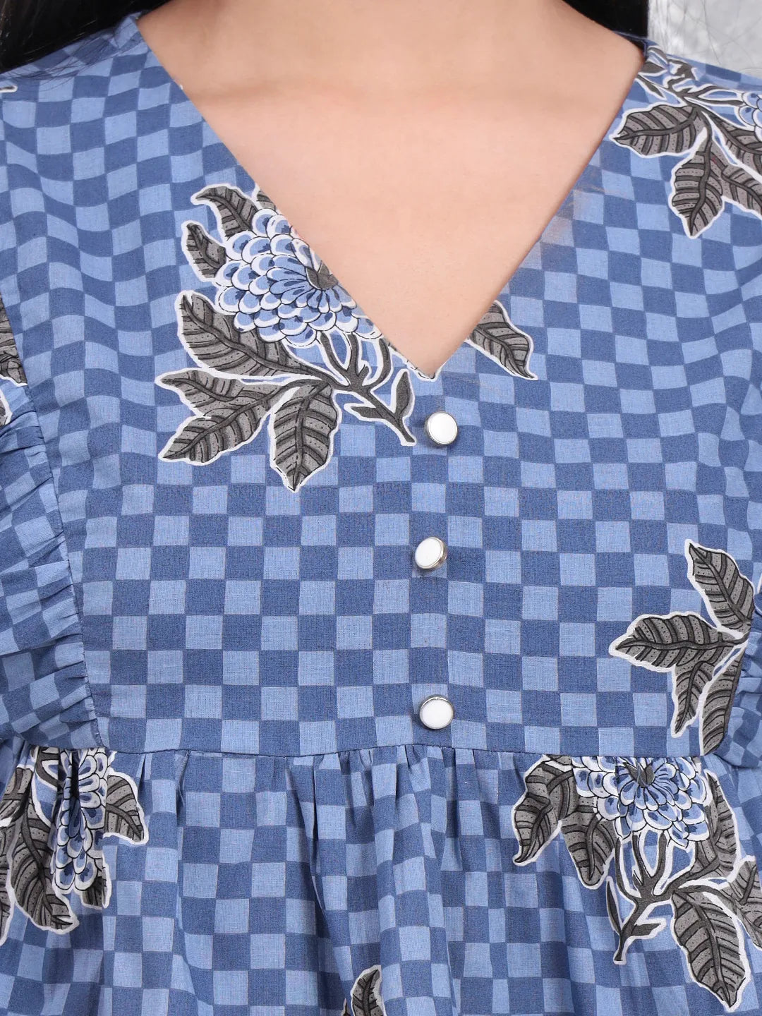 Blue Cotton Gathered Or Pleated Top