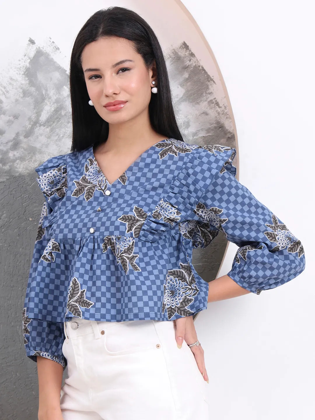Blue Cotton Gathered Or Pleated Top