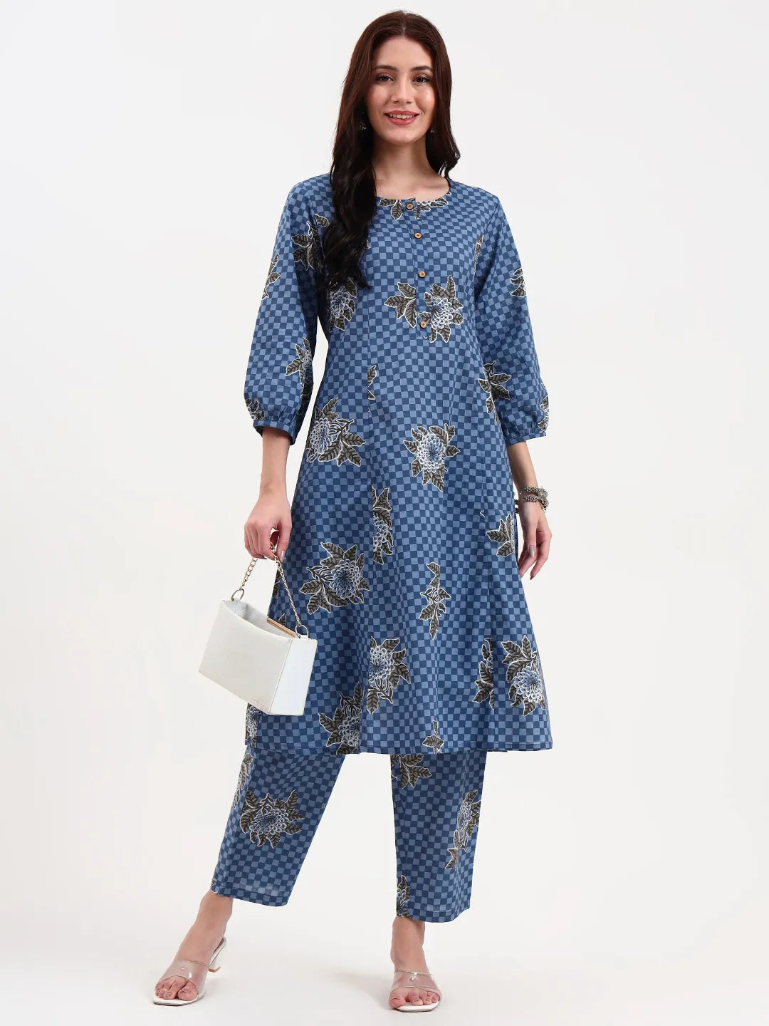 Blue Cotton A Line Kurta Set
